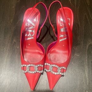 Zara Red Jeweled Kitten Heel